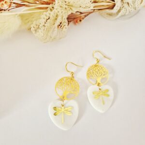 ✨ Boucles d’oreilles “Cœur de Vie” – Blanc & Doré ✨