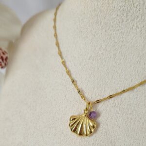 Collier "Ondine" en Acier Inoxydable, Coquillage & Améthyste