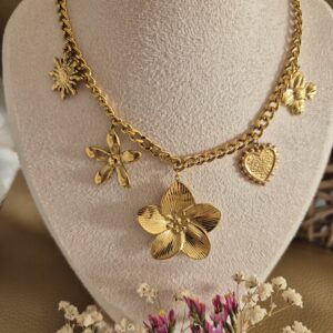 Collier Multi-Charmes Soleil – Acier Inoxydable Doré