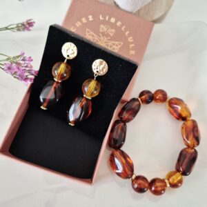 Ensemble Ambre Doré – Bracelet & Boucles d’Oreilles