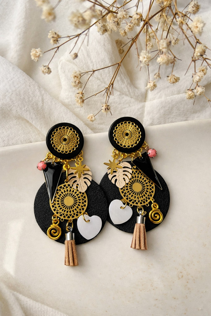 chez libellule bijoux boucles d'oreilles noir et doré style bohème