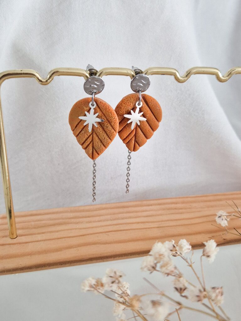 Boucles d'oreilles fait main chezlibellule feuille argenté
