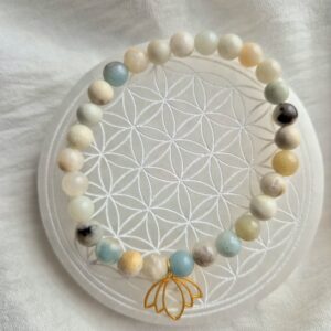L'amazonite est souvent associée au chakra du cœur et est considérée comme un cristal d’harmonie qui peut aider à calmer les émotions et à favoriser la paix intérieure. Elle peut aider à apaiser les tensions et les stress, favorisant une sensation de sérénité.
