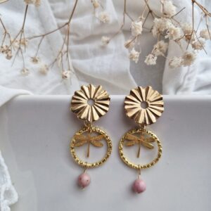 🌿 Boucles d’oreilles “Éveil de Libellule” – Rhodonite naturelle