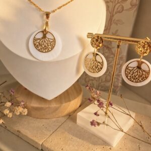 Collier & Boucles d’Oreilles Arbre de Vie en Nacre – Acier Inoxydable Doré