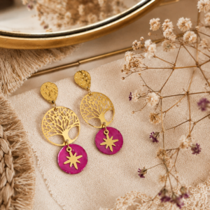 Boucles d'oreilles Bohème « Arbre de Vie Fuchsia »