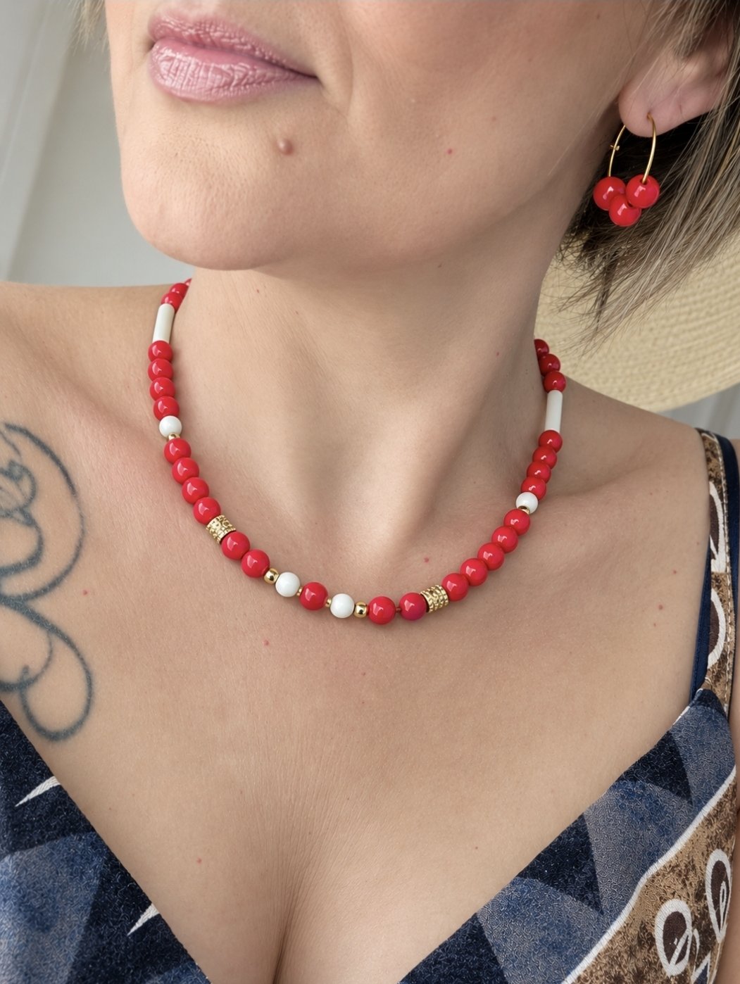 Parure collier boucles rouges- cerise – Image 3