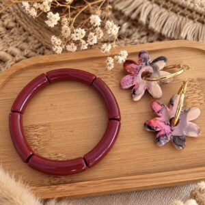 Parure Rosalie – Boucles fleurs en céramique, collier & bracelet rhodonite