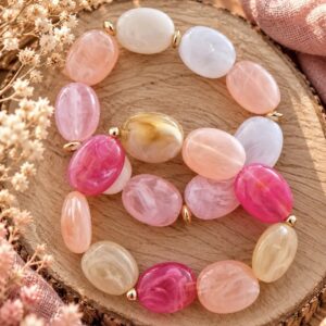 Bracelet bohème en perles et acier inoxydable octobre rose